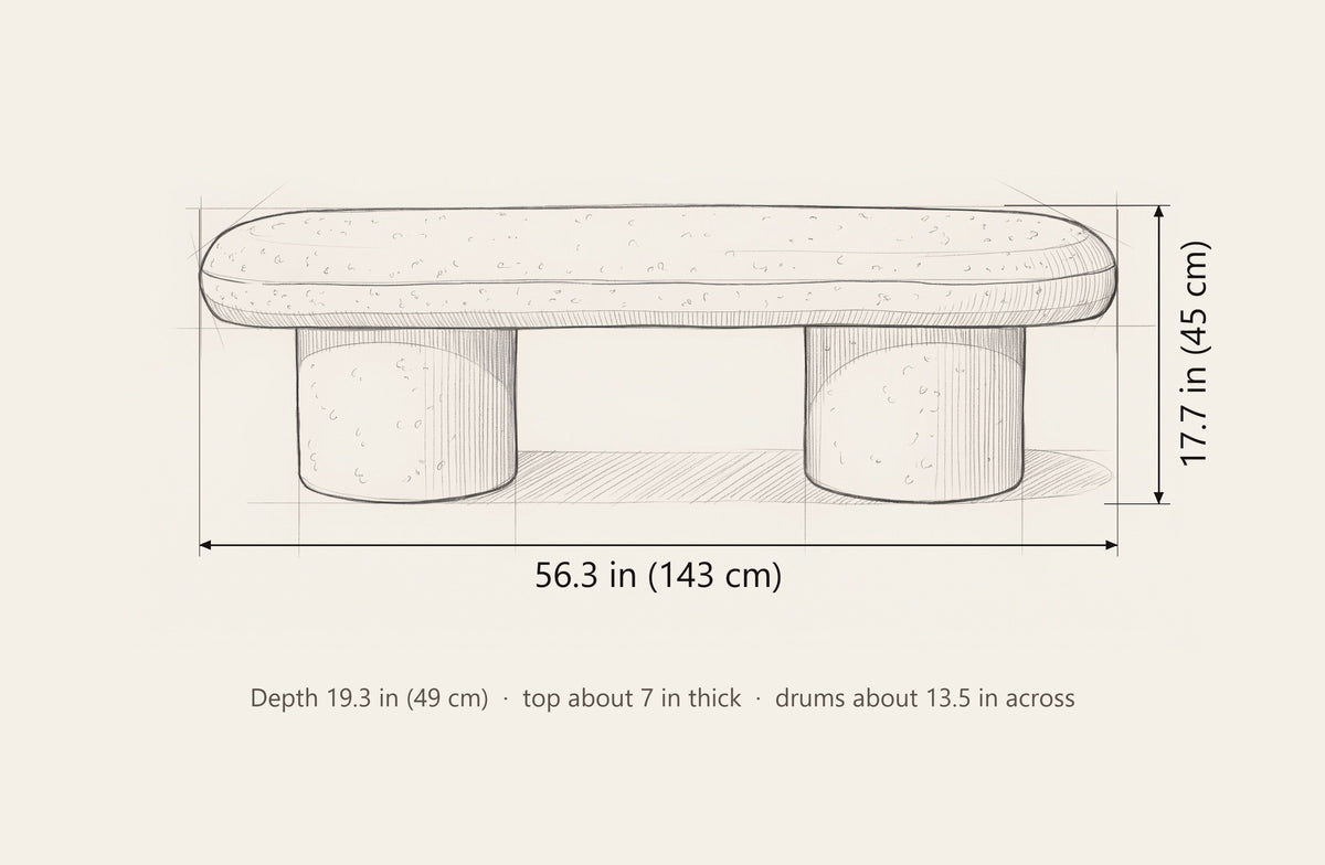 Gubbio bench dimensions: 56.3 in long, 17.7 in high, 19.3 in deep