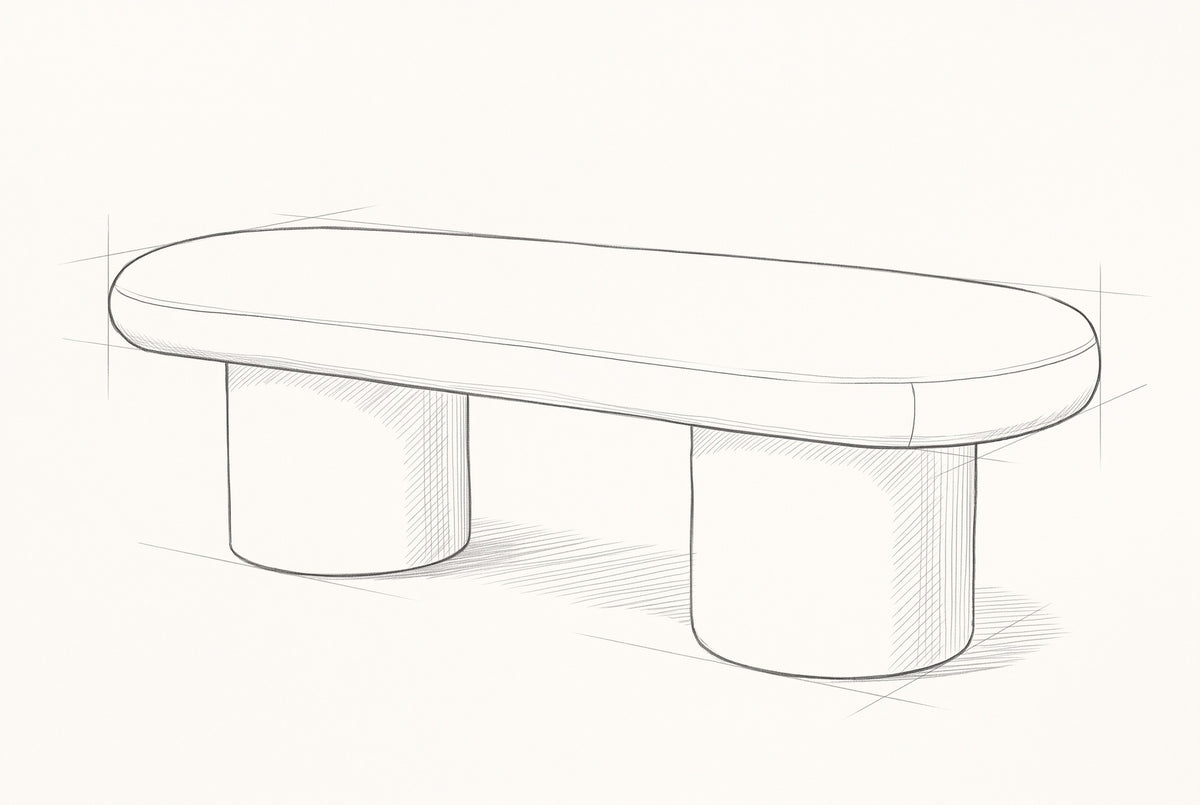 Pencil sketch of the Gubbio bench, drawn from the same three-quarter view