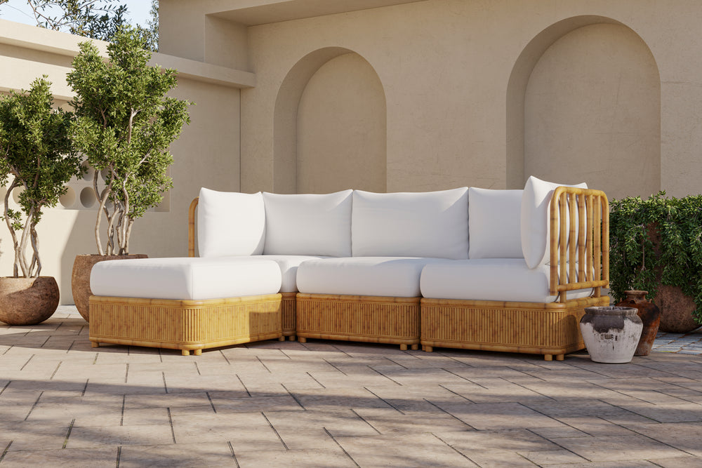 Giulia Farbric and Rattan Frame Three Seats with Left Chaise Sectional Sofa, Beige