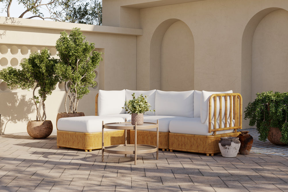 Giulia Farbric and Rattan Frame Three Seats with Left Chaise Sectional Sofa, Beige