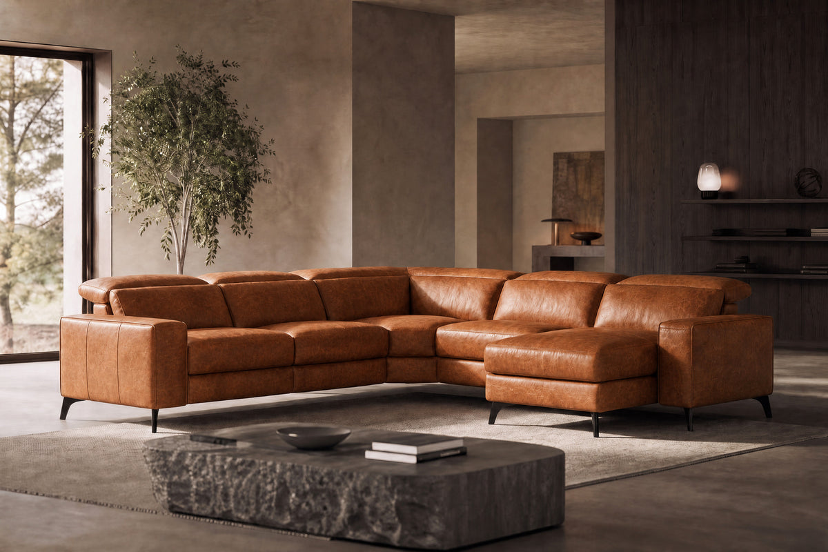 Esther Distressed Italian Aniline Leather Corner Recliner Sectional Sofa