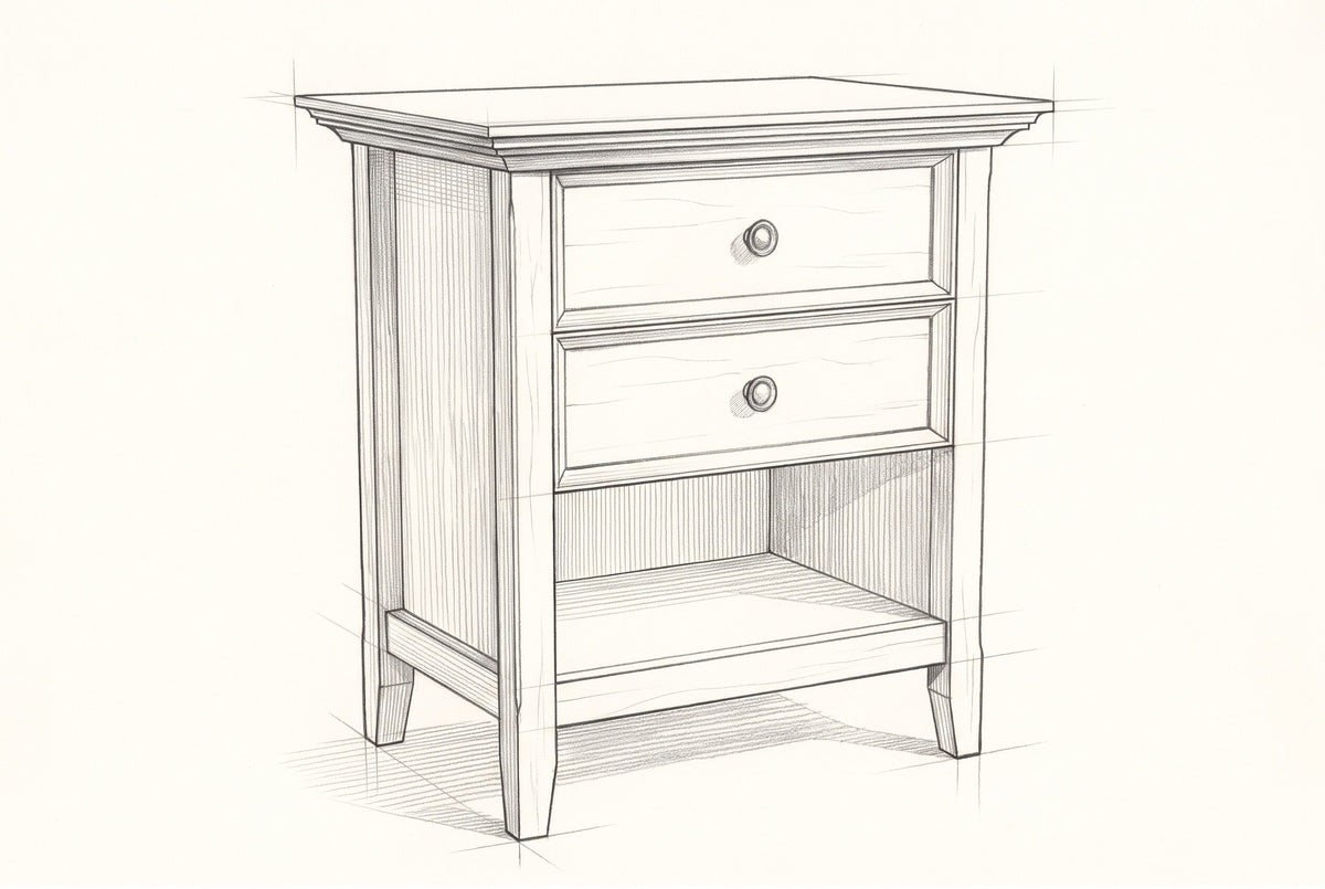 Pencil sketch of the Iglesias nightstand, drawn from the same three-quarter view