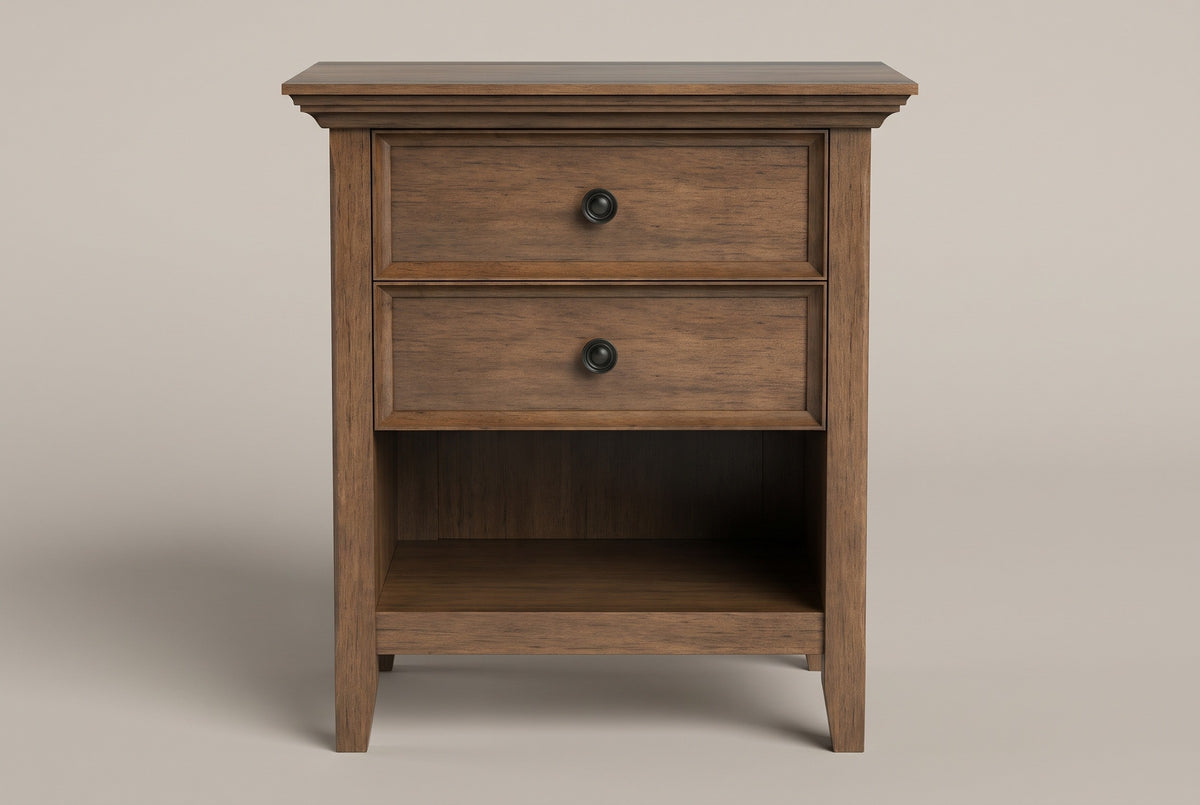 The Iglesias nightstand in rustic aged brown, front view on a light studio backdrop