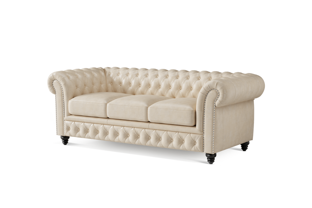 Valencia Parma 82" Full Aniline Leather Chesterfield Three Seats Sofa, Antique White Color