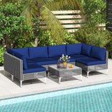 7 Piece Outdoor Furniture Set Wicker  Chairs with Tempered Glass Coffee Table