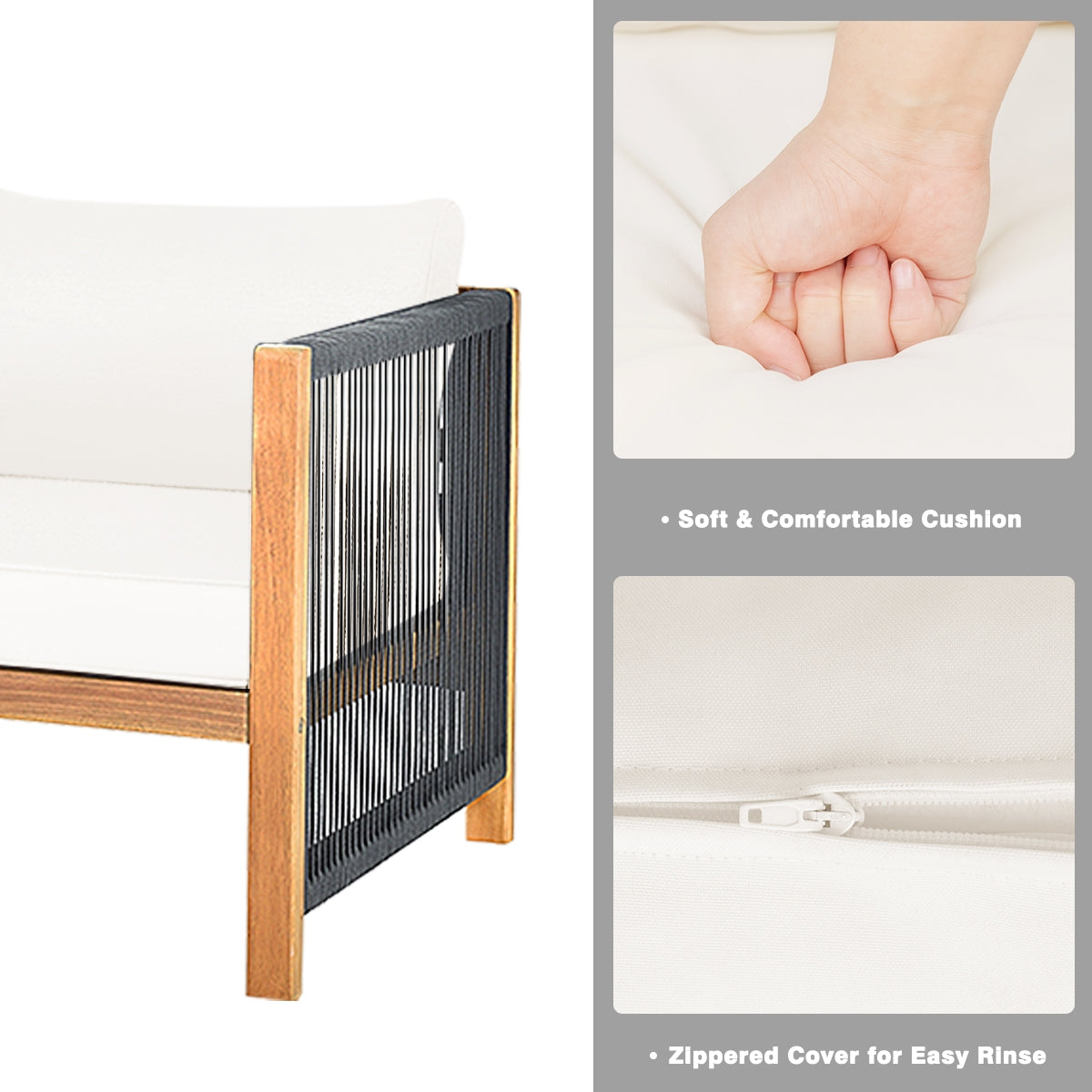 4 Pieces Wood Outdoor Patio Furniture Set with Cushions for Garden