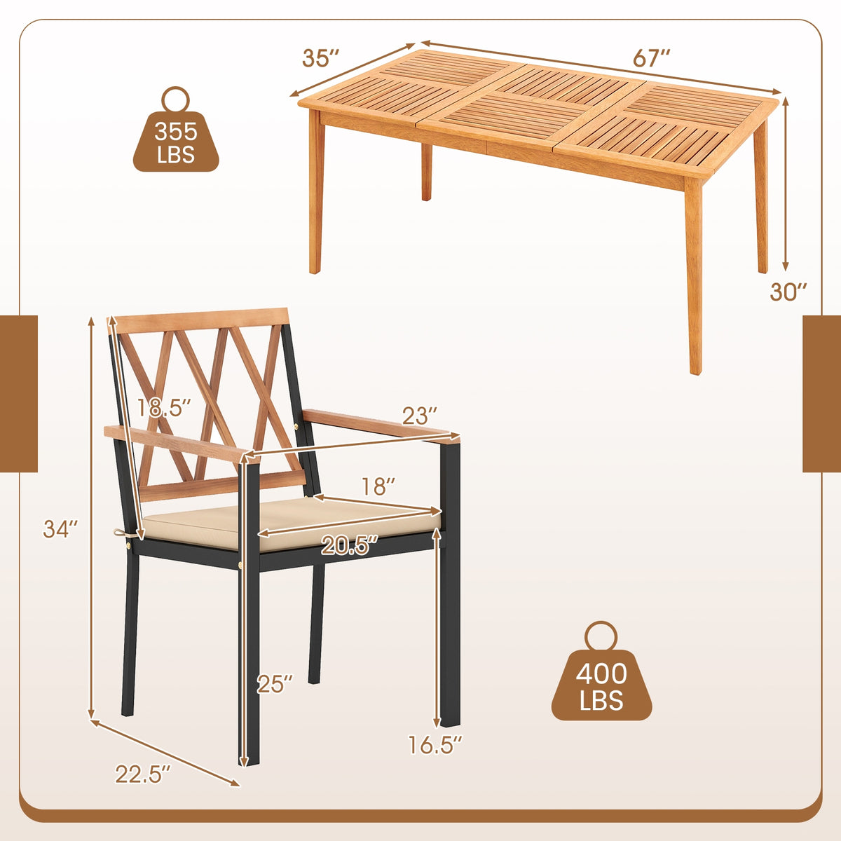 7 Piece Patio Acacia Wood Dining Set Solid Wooden Dining Furniture with Umbrella Hole