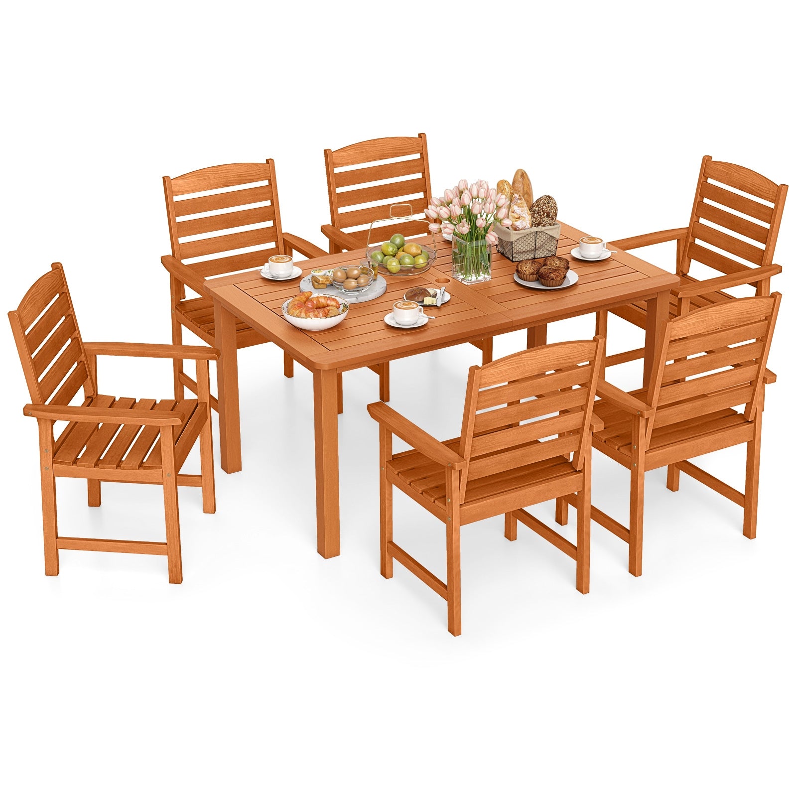 7 Pcs Outdoor Dining Set Teak Oil Finish Slatted Rectangular Dining Table and 6 Armchairs