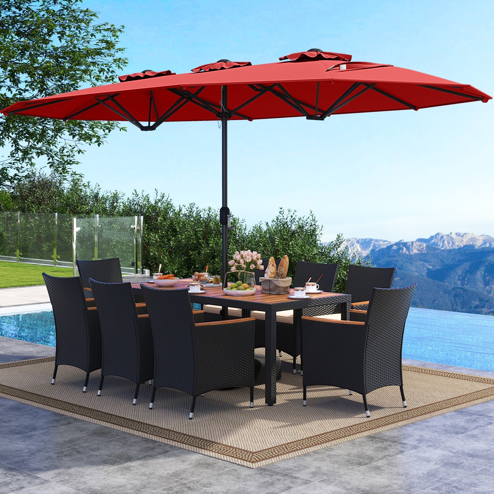 10 Piece Outdoor Dining Set with 15 Feet Double-Sided Twin Umbrella