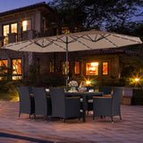 11 Pieces Patio Dining Set with LED Patio Umbrella with Base and Seat Cushions