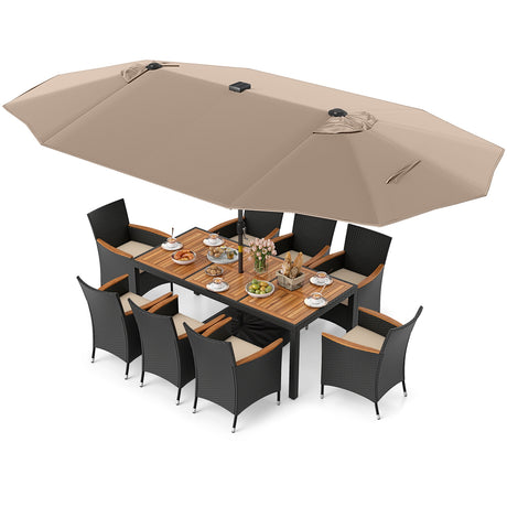 11 Pieces Patio Dining Set with LED Patio Umbrella with Base and Seat Cushions