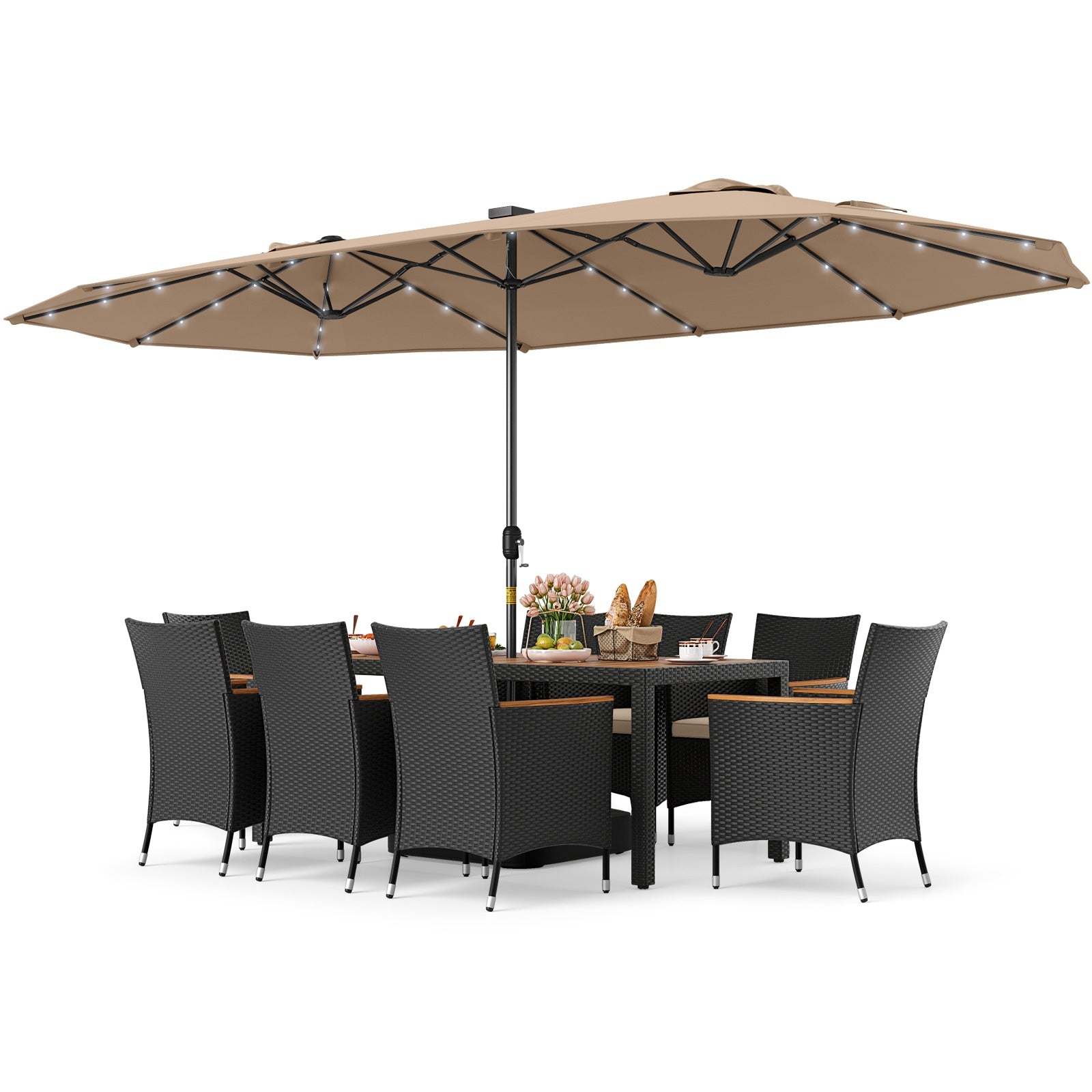 11 Pieces Patio Dining Set with LED Patio Umbrella with Base and Seat Cushions