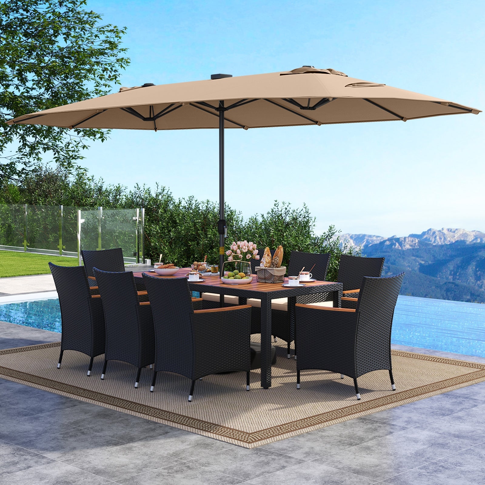 11 Pieces Patio Dining Set with LED Patio Umbrella with Base and Seat Cushions