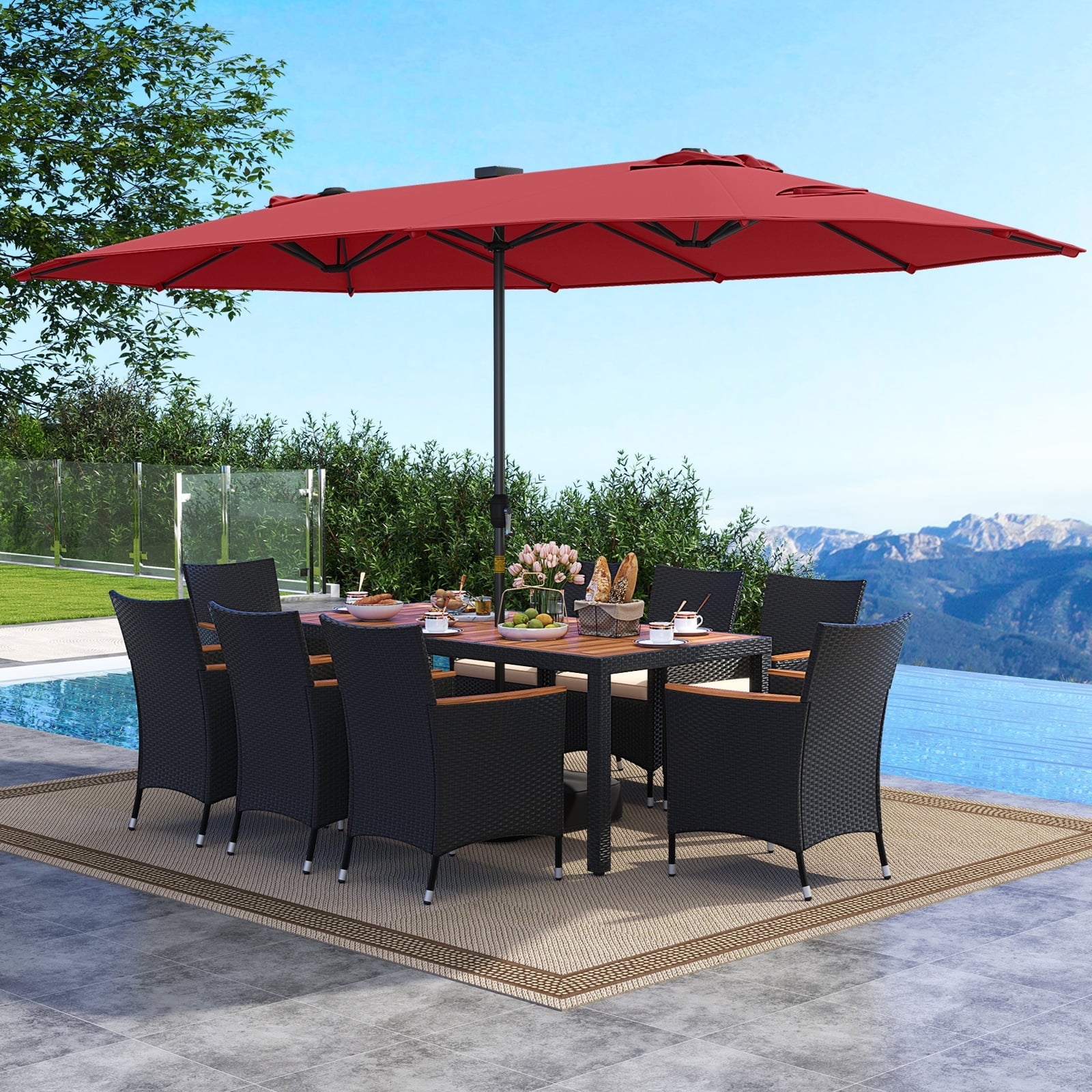 11 Pieces Patio Dining Set with LED Patio Umbrella with Base and Seat Cushions