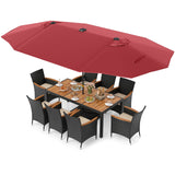 11 Pieces Patio Dining Set with LED Patio Umbrella with Base and Seat Cushions