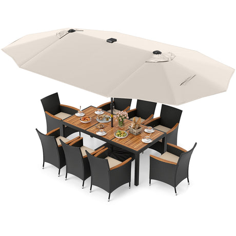 11 Pieces Patio Dining Set with LED Patio Umbrella with Base and Seat Cushions