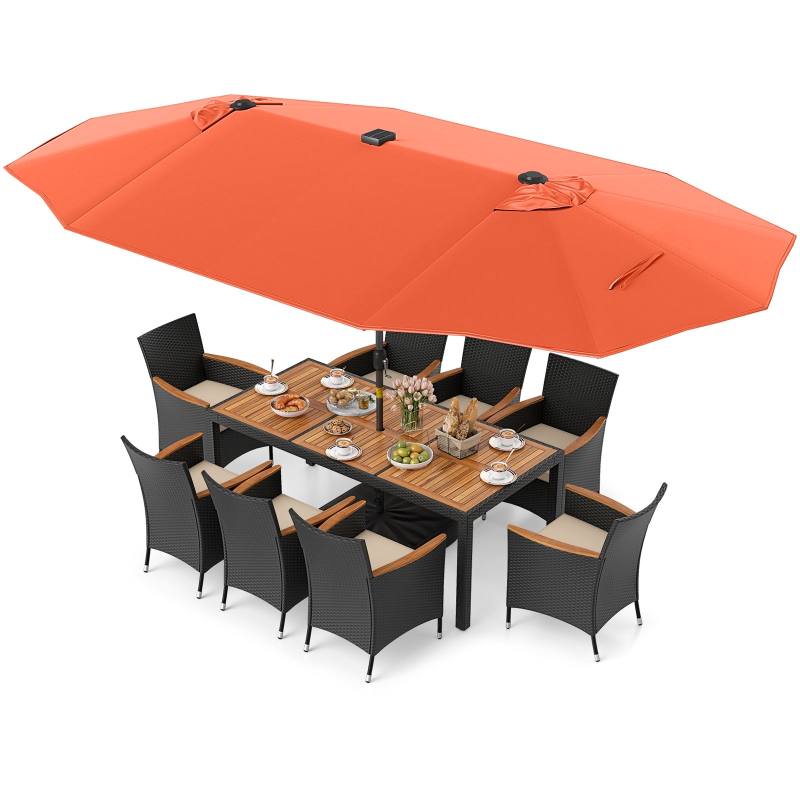 11 Pieces Patio Dining Set with LED Patio Umbrella with Base and Seat Cushions