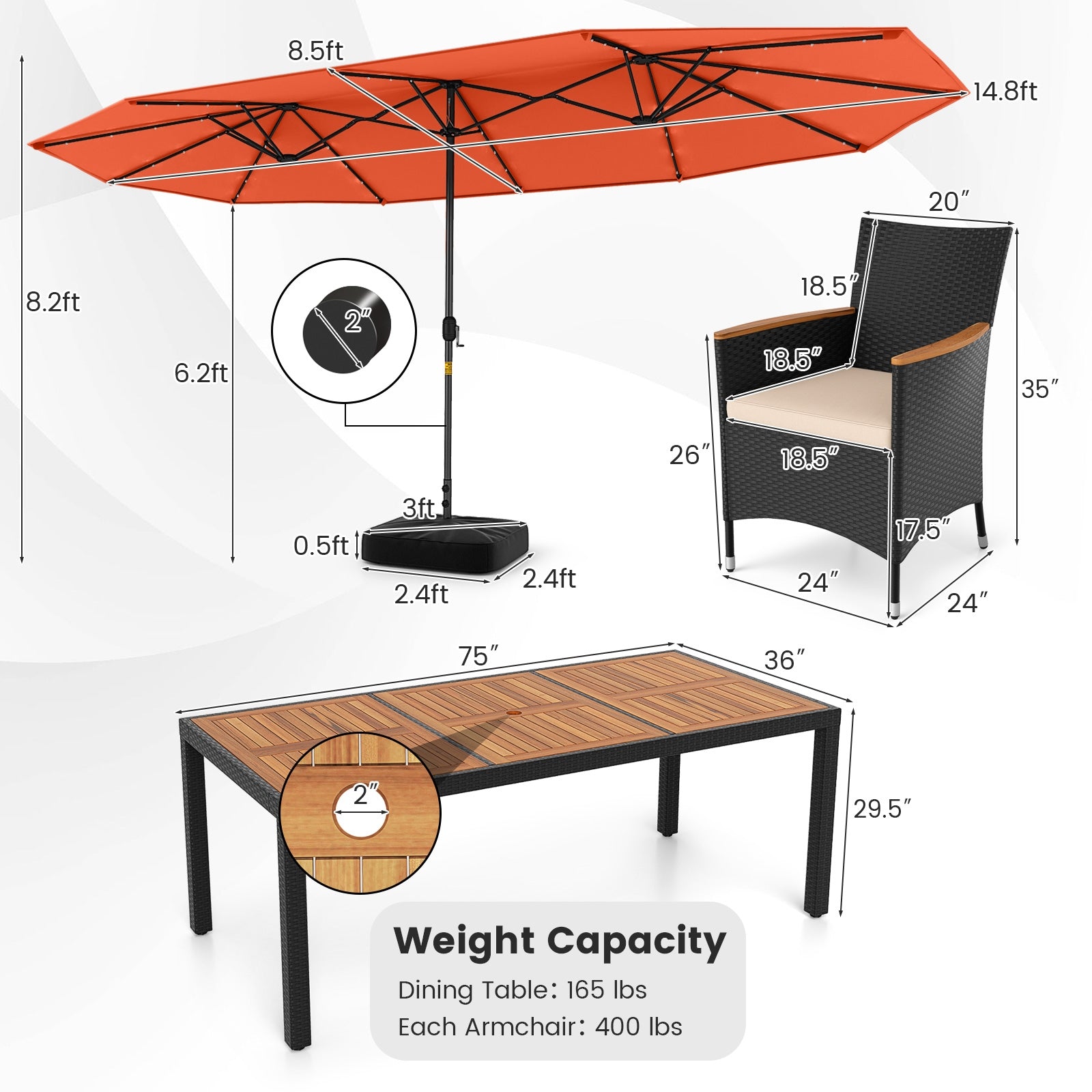 11 Pieces Patio Dining Set with LED Patio Umbrella with Base and Seat Cushions