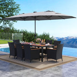 11 Pieces Patio Dining Set with LED Patio Umbrella with Base and Seat Cushions