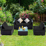 5 Pieces Cushioned Patio Rattan Furniture Set with Glass Table