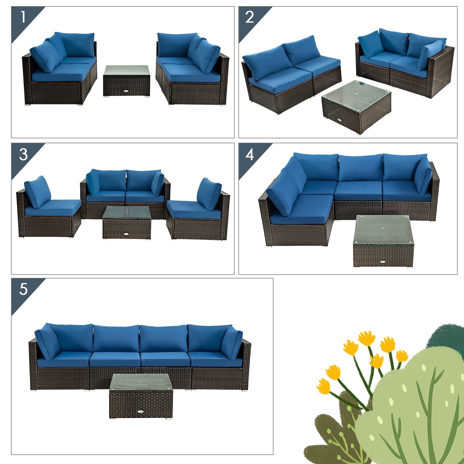 5 Pieces Cushioned Patio Rattan Furniture Set with Glass Table