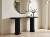 Imola Black Wood Veneer Oval Column Console Table under a round mirror in a travertine entryway