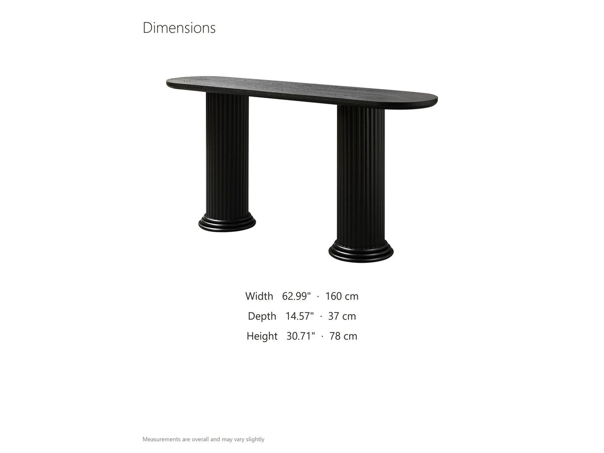 Imola Black Wood Veneer Oval Column Console Table dimensions: 62.99 in wide, 14.57 in deep, 30.71 in high