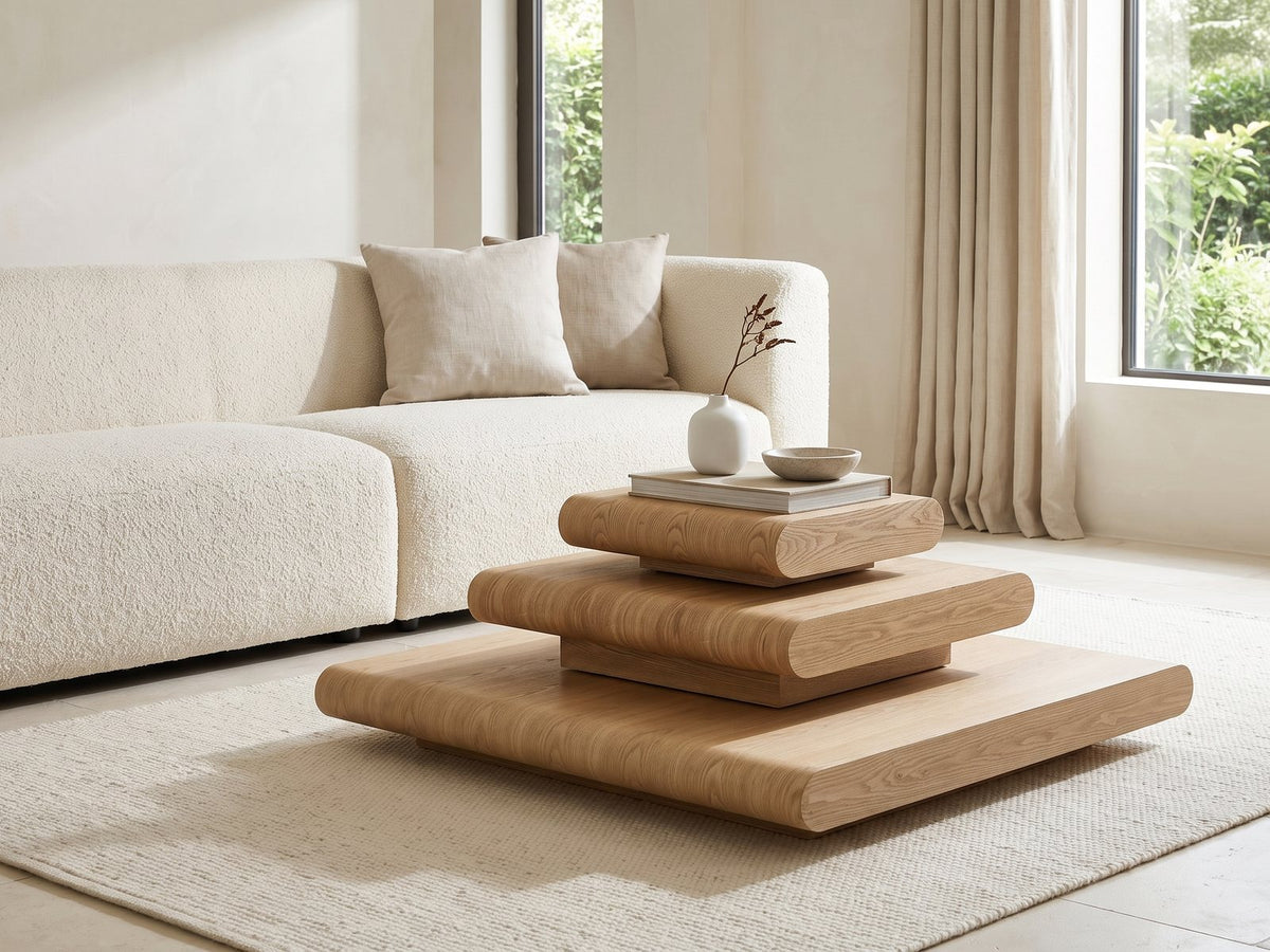 Ischia Natural Wood Veneer Stacking Coffee Table styled with books, a vase and a stone bowl in front of a cream sofa in a bright plaster room