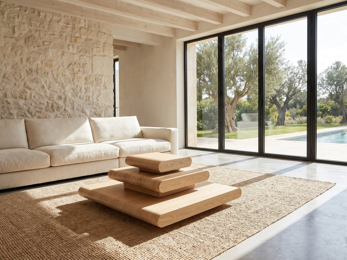 Ischia Natural Wood Veneer Stacking Coffee Table on a jute rug in front of a linen sofa in a poolside villa