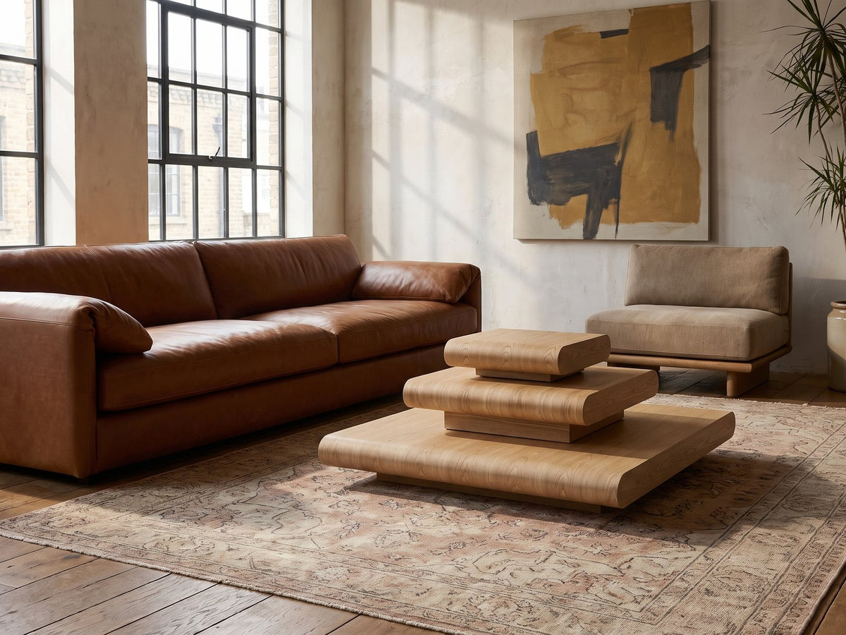 Ischia Natural Wood Veneer Stacking Coffee Table on a vintage rug in front of a leather sofa in an industrial loft