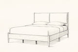 Pencil sketch of the Isernia bed with a mattress and two pillows, drawn from the same three-quarter view