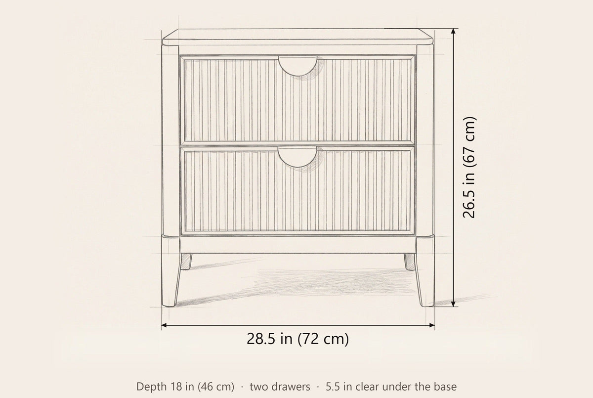 Isili nightstand dimensions: 28.5 in wide, 26.5 in high, 18 in deep