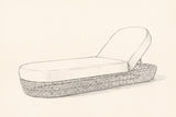 Pencil sketch of the Isnello lounger, three-quarter view from the foot end