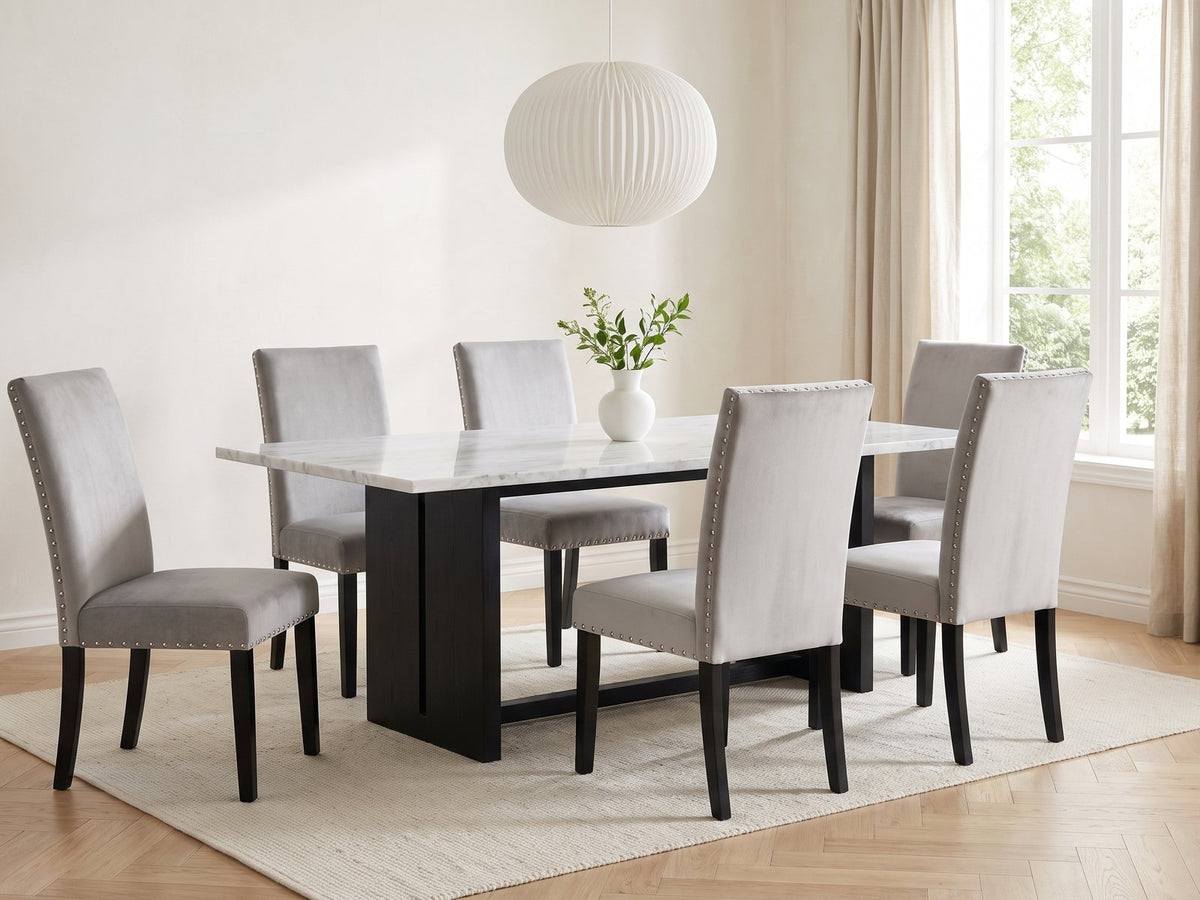 Itri 70-Inch White Marble Double Pedestal Dining Set with 6 Chairs in a bright plaster dining room with linen curtains