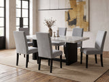 Itri 70-Inch White Marble Double Pedestal Dining Set with 6 Chairs in an industrial loft dining area