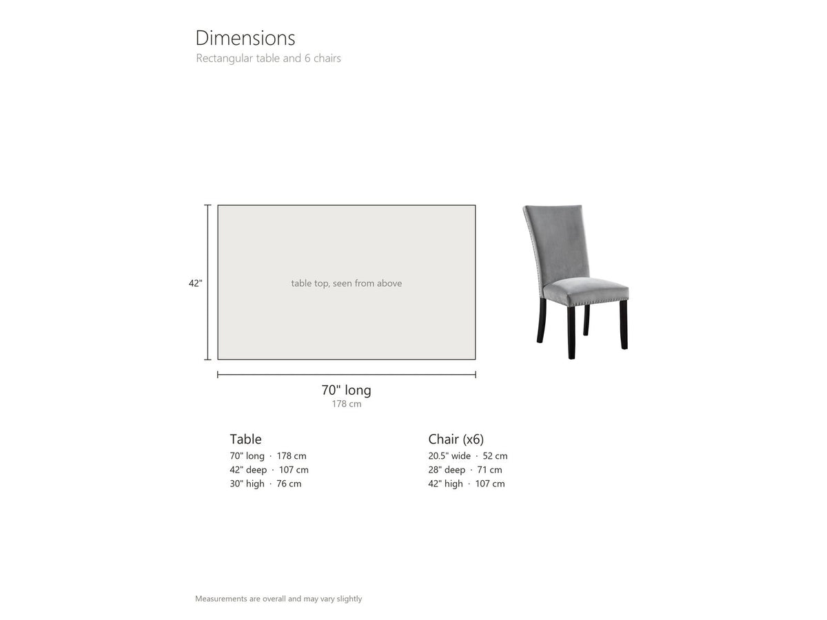 Itri 70-Inch White Marble Double Pedestal Dining Set with 6 Chairs dimensions: table 70 in long, 42 in deep and 30 in high; each chair 20.5 in wide, 28 in deep and 42 in high