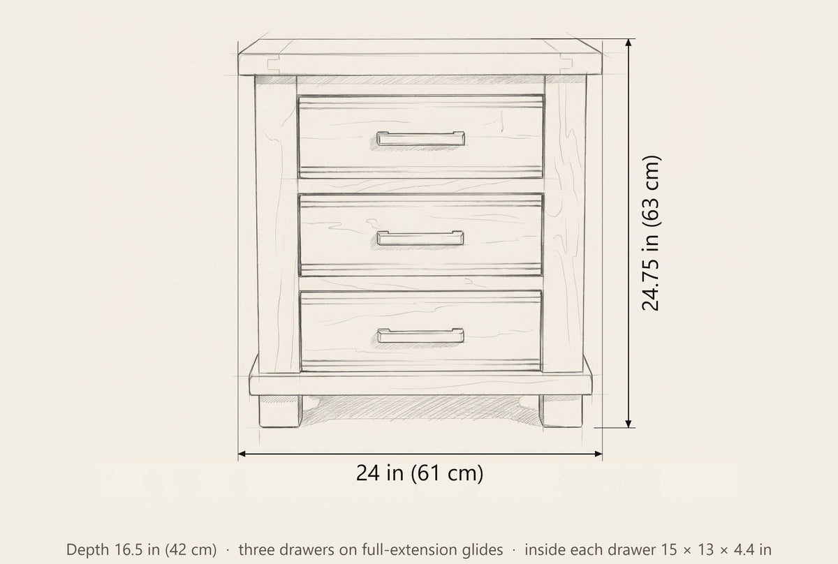 Ittiri nightstand dimensions: 24 in wide, 24.75 in high, 16.5 in deep