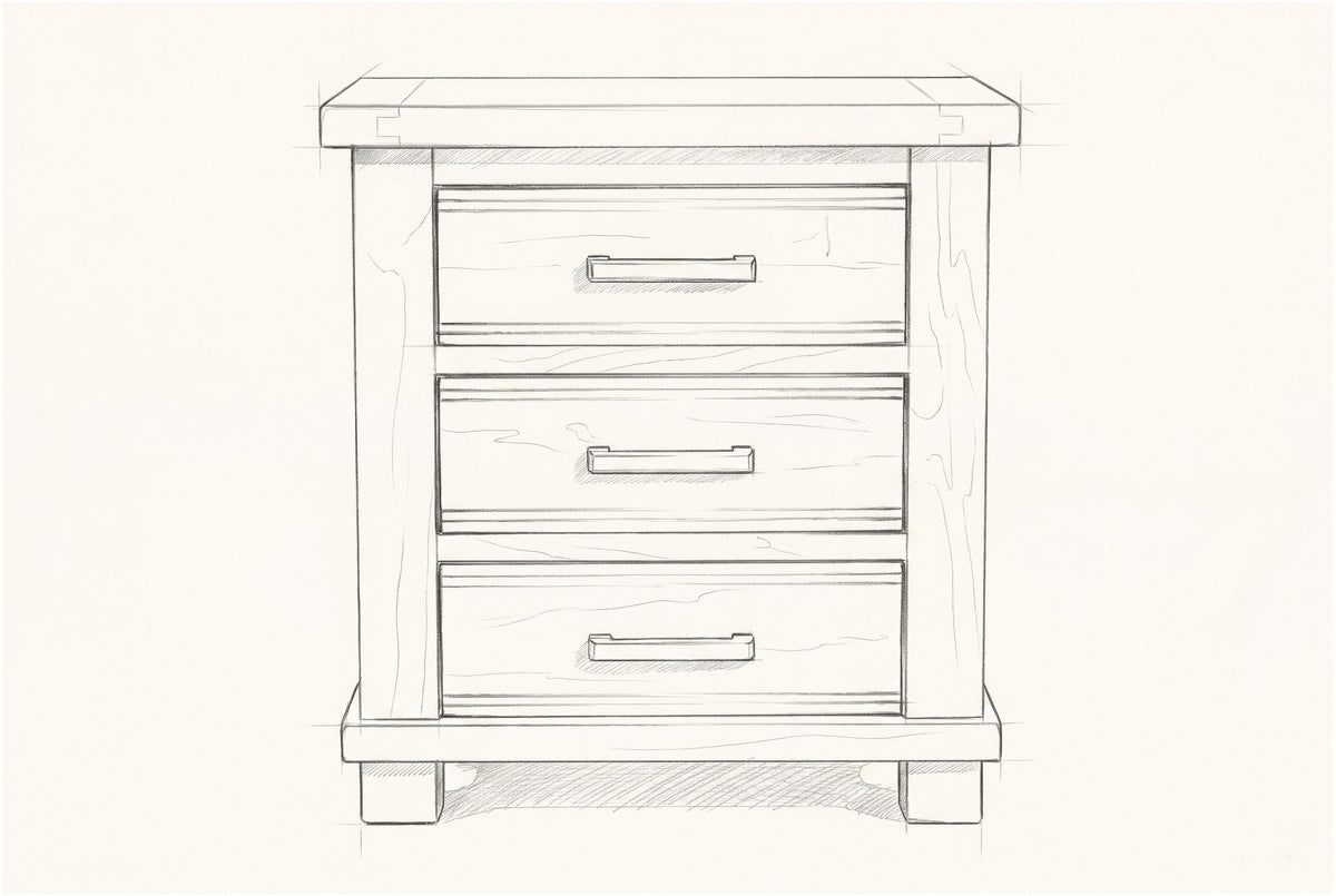 Pencil sketch of the Ittiri nightstand, drawn from the same front view