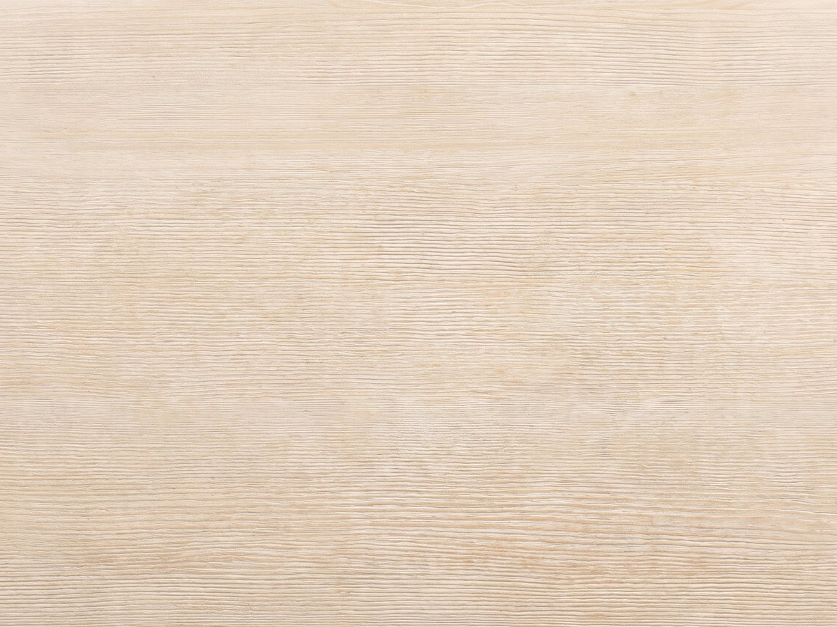 Close-up of the Ivrea Reclaimed Pine Open-Frame Coffee Table: the wire-brushed cerused grain of the reclaimed pine top