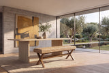 Jacurso 45-Inch Woven Water Hyacinth Bench with X-Base in a sunlit villa dining room