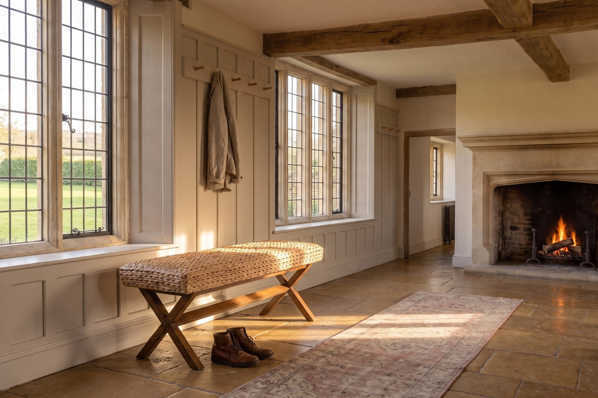 Jacurso 45-Inch Woven Water Hyacinth Bench with X-Base in an English country dining room