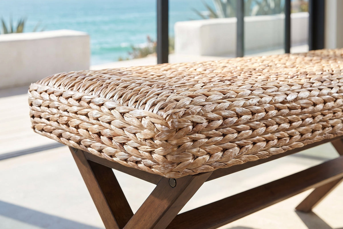 Close-up of the Jacurso 45-Inch Woven Water Hyacinth Bench with X-Base: weave