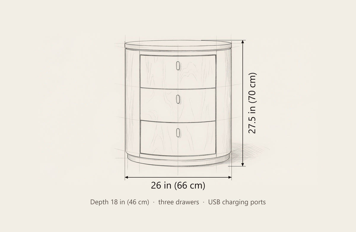 Jerzu nightstand dimensions: 26 in wide, 27.5 in high, 18 in deep
