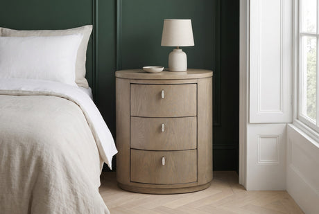 Jerzu Cerused Toffee Oval 3-Drawer Nightstand