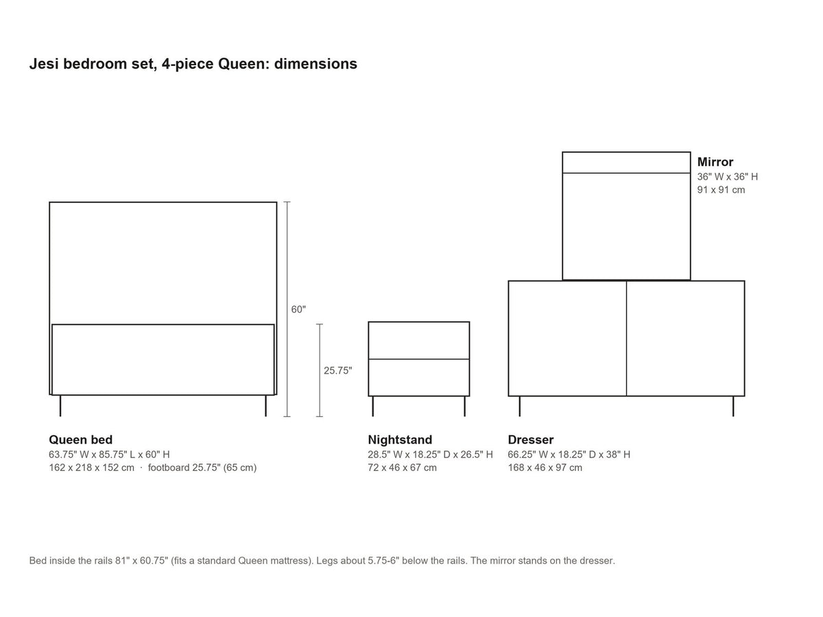 Jesi Black Fluted Oak Bedroom Set: Dimensions