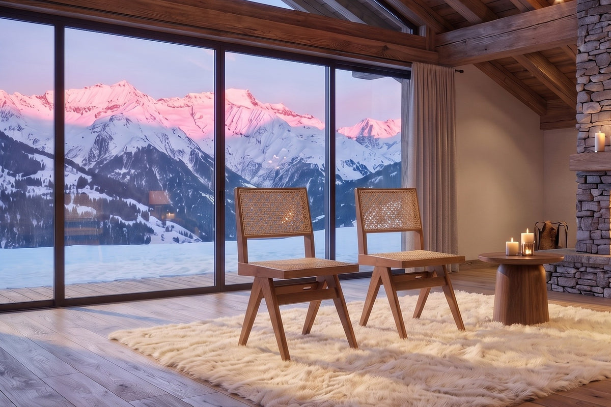 Joppolo Cane-Back Rubberwood Dining Chair (Set of 2) in an alpine chalet
