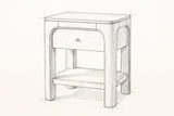 Pencil sketch of the Laconi nightstand, drawn from the same three-quarter view