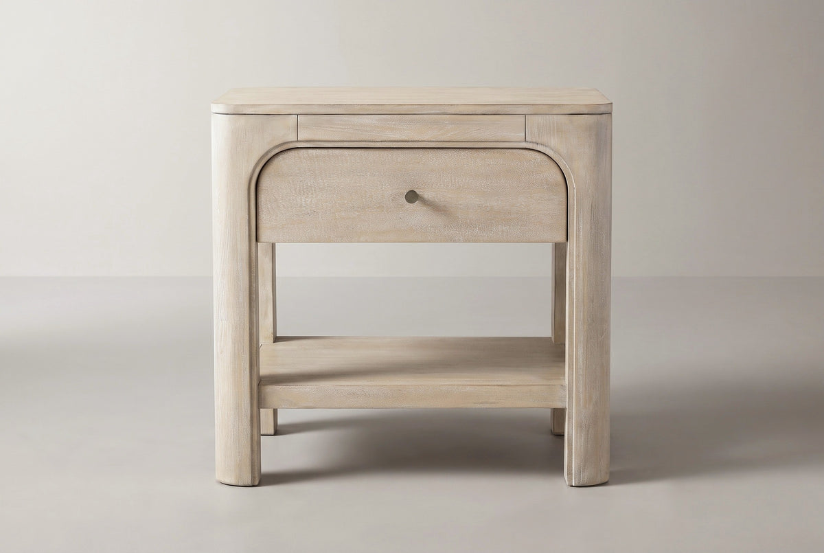 The Laconi nightstand in weathered mango, front view on a light studio backdrop