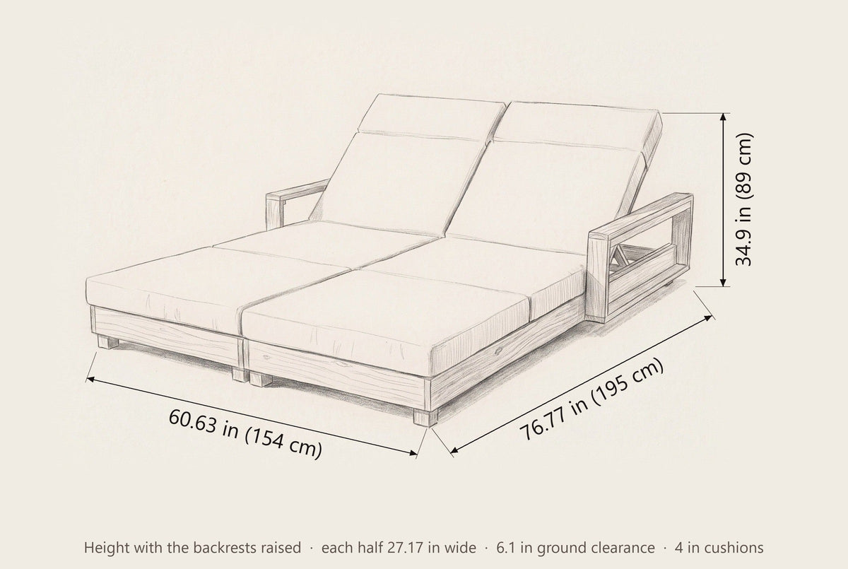 Lampedusa double chaise lounge dimensions: 76.77 in long, 60.63 in wide, 34.9 in high with the backrests raised