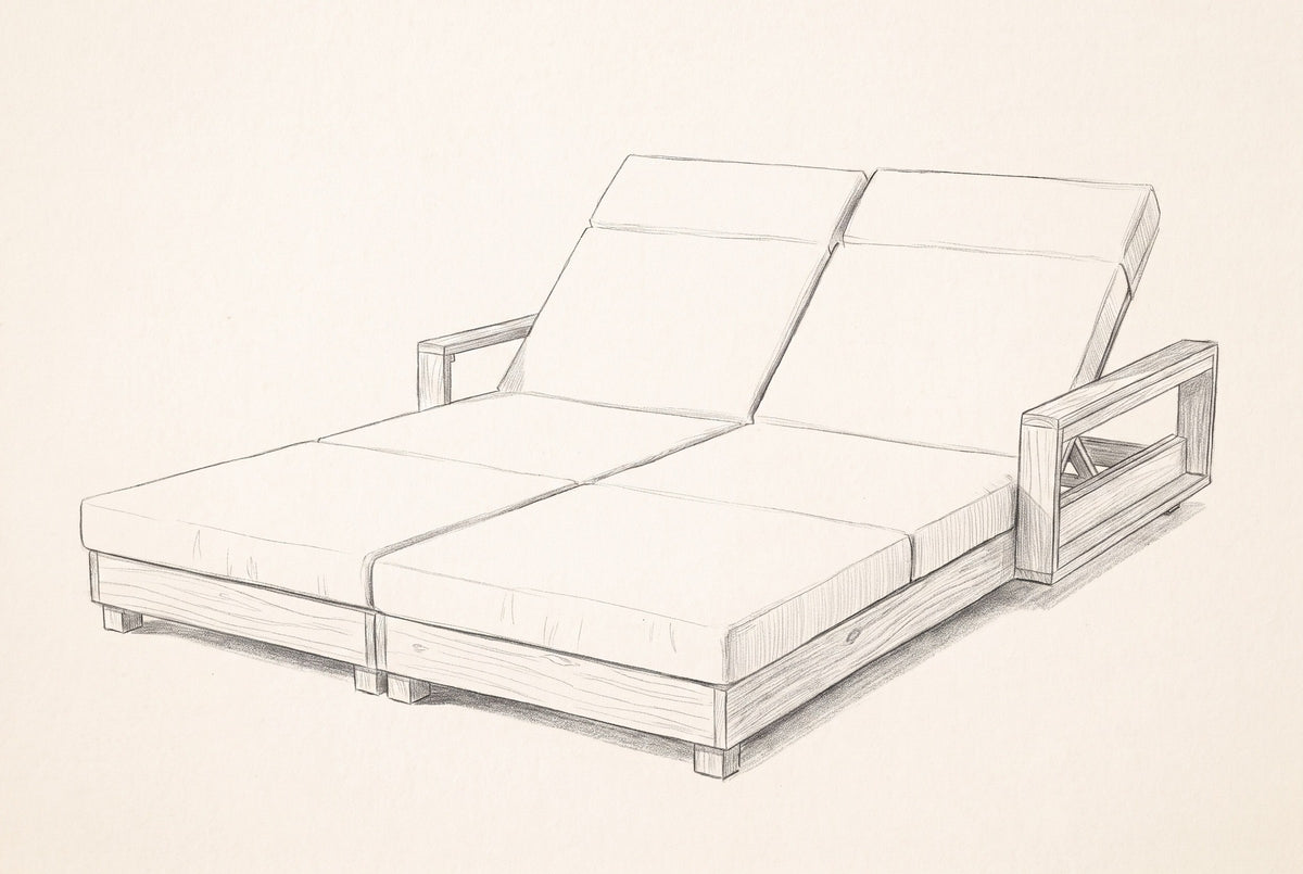 Pencil sketch of the Lampedusa double chaise lounge, three-quarter view